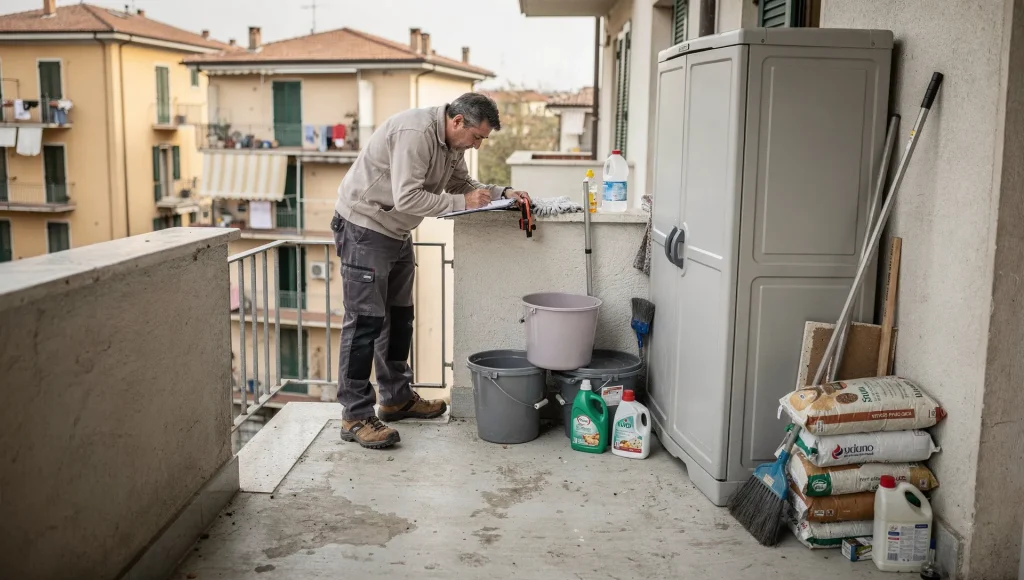 Tecnico che controlla un balcone con armadio da esterno e carichi domestici distribuiti vicino al bordo