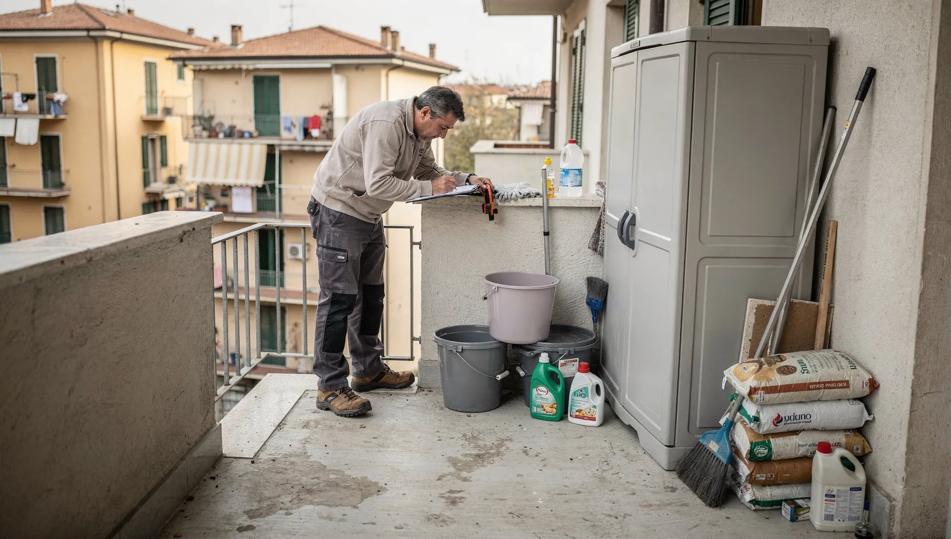 Tecnico che controlla un balcone con armadio da esterno e carichi domestici distribuiti vicino al bordo