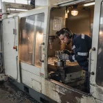 Tecnico in officina controlla un utensile speciale montato su una macchina esistente vicino a un quadro elettrico