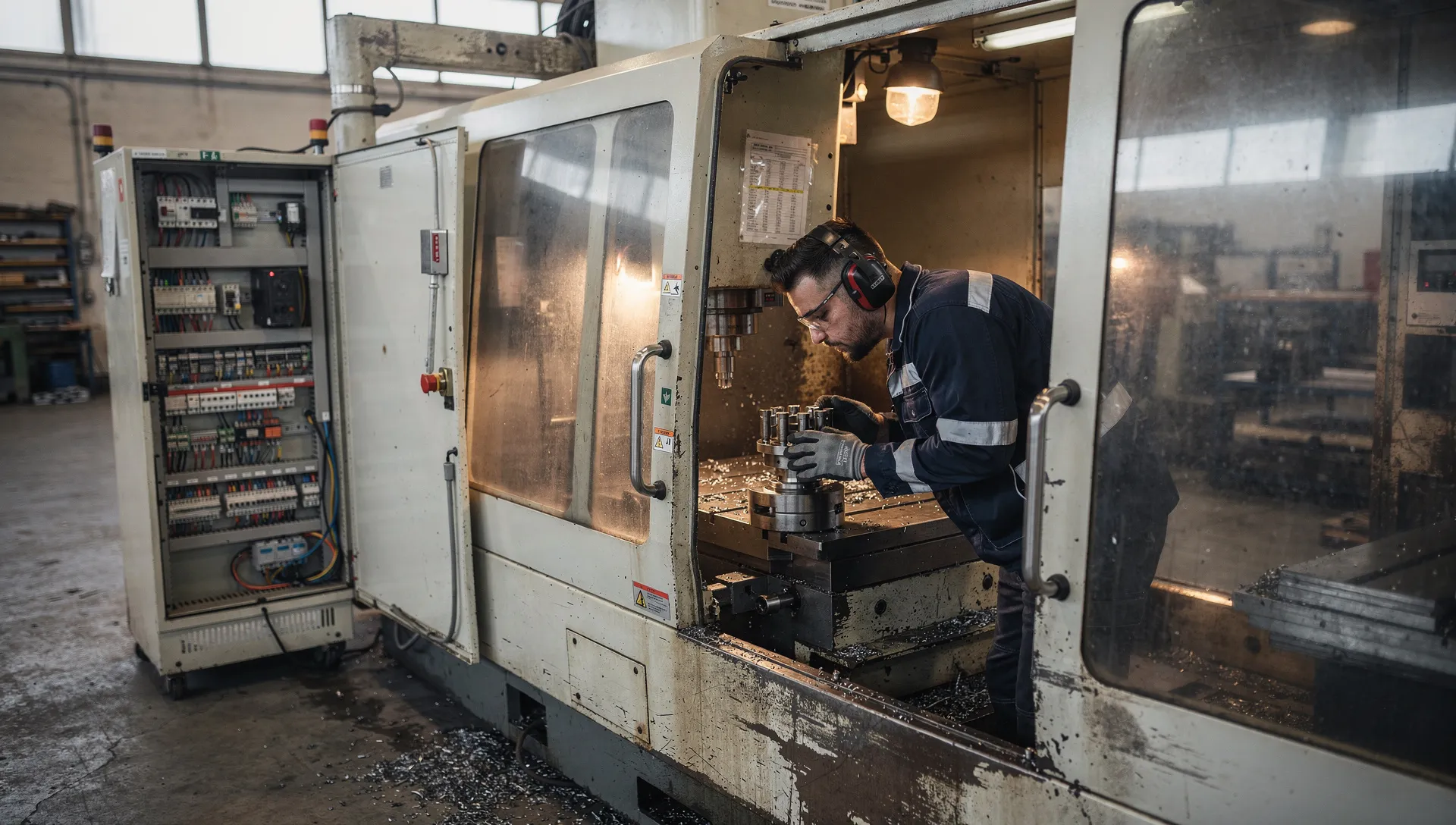 Tecnico in officina controlla un utensile speciale montato su una macchina esistente vicino a un quadro elettrico